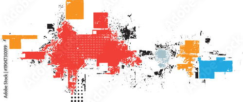 Abstract shapes with distressed textures in orange red blue and black on white background grunge