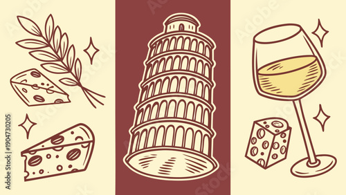 Vintage style sketch of italian landmarks and food including the tower of pisa cheese and wine.
