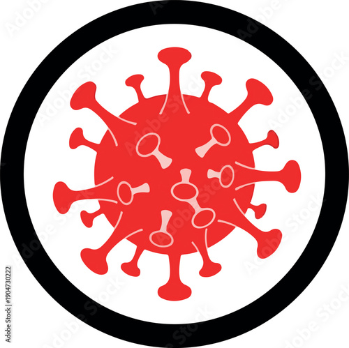 Striking red illustration of the coronavirus, commonly known as COVID-19, depicted as a pathogen within a clean circular frame, symbolizing viral threat, health warnings, and global pandemic impact