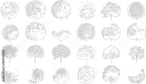 Collection of black and white line of various trees and architectural outline