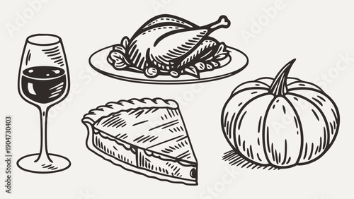 Vintage style illustration of traditional thanksgiving dinner with turkey, pumpkin and pie.