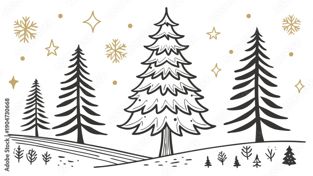 Fototapeta premium Hand-drawn pine trees in a snowy forest with golden stars and snowflakes illustration.