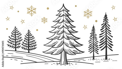 Hand-drawn winter forest scene with pine trees and golden snowflakes on a white background.