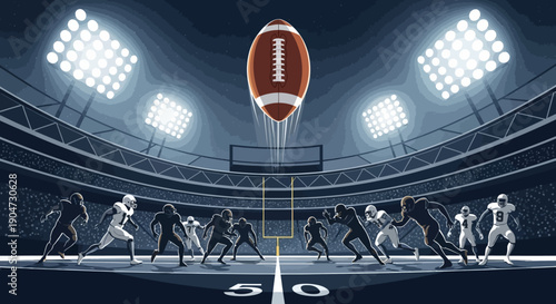 American football players in action on a stadium field with a flying ball under bright lights, resembling a Super Bowl match.