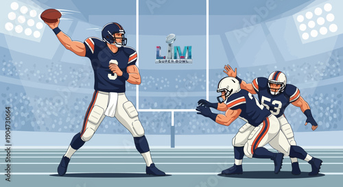 American football players in action on a field with a stadium in the background, holding a football and tackling an opponent.