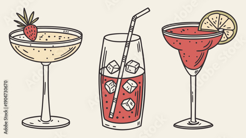 Hand drawn illustration of three refreshing summer cocktails with garnishes like lemon and strawberry.