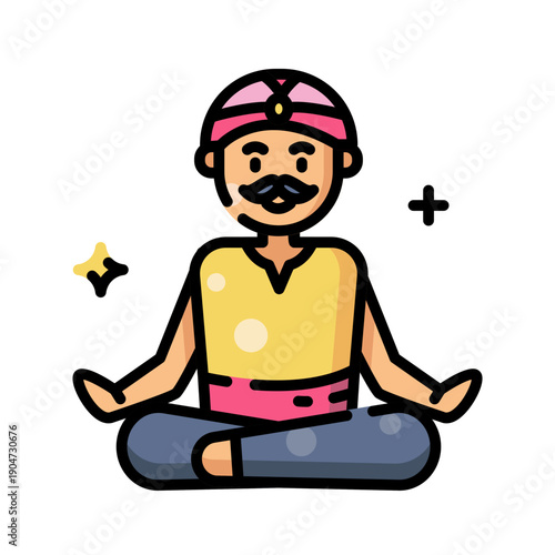 Indian man meditating icon, yoga poses colorful vector illustration