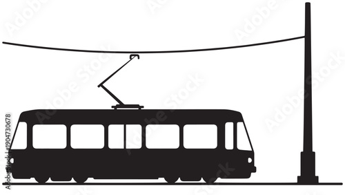 Public Transit Tram With Overhead Wire And Stylized Route Map Dot, Black Solid Vector Icon For Sustainable Urban Mobility And Transit Planning