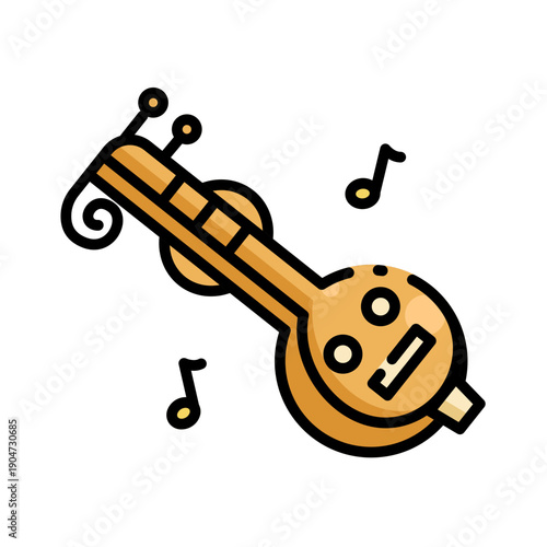 Veena instrument icon, traditional Indian music colorful vector illustration