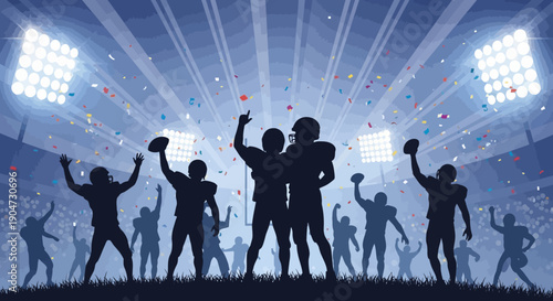 Silhouette of American football players celebrating with raised arms in a stadium during Super Bowl, confetti flying.