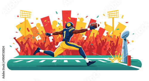 American football player scoring a touchdown in a packed stadium with a Vince Lombardi Trophy nearby, Los Angeles Memorial Coliseum.