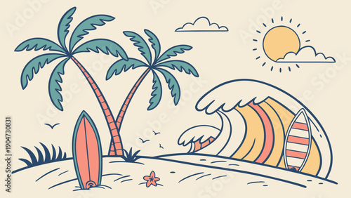 Retro style beach illustration featuring palm trees surfboards and a large curling ocean wave.