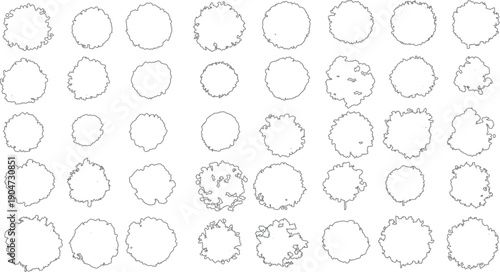 Collection of stylized circular outlines with irregular edges representing abstract shapes or simplified foliage