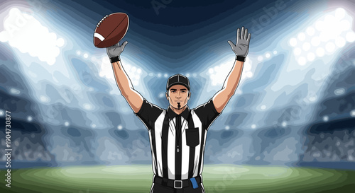 Referee holding up a football in a stadium with his arms raised in a signal during a Super Bowl match.