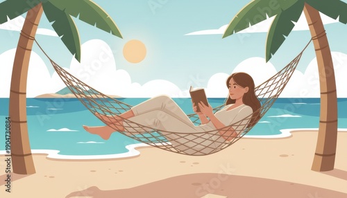 Sunny beach hammock illustration, relaxed person under palm trees with serene ocean vacation atmosphere