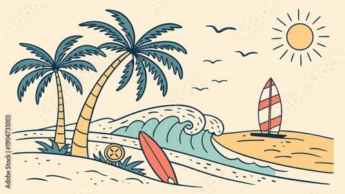 Tropical beach illustration with palm trees, a surfboard, and a sailboat under a bright sun
