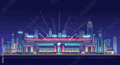 Neon-lit illustration of the Los Angeles Memorial Coliseum at night, home of the Super Bowl, with a cityscape skyline