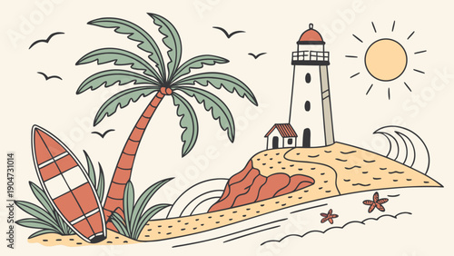 Hand drawn illustration of a sunny tropical beach with a palm tree lighthouse and surfboard