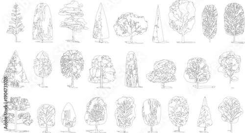 Collection of black and white line of diverse trees. Various tree shapes and foliage styles are depicted in a simple outline format