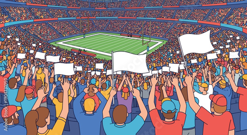 Illustration of a packed stadium during a Super Bowl match with fans holding signs at the Los Angeles Memorial Coliseum.