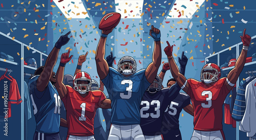 American football players celebrating with arms raised and football in hand in a stadium locker room with confetti