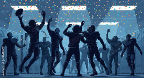 Silhouettes of American football players celebrating with raised arms in a stadium during the Super Bowl, confetti falling.