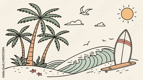 Hand drawn tropical beach illustration with palm trees surf board and ocean waves under the sun