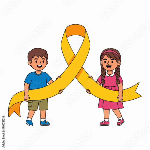 Children holding a yellow ribbon symbolizing support and awareness for childhood cancer research and support programs