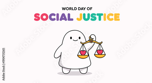 World Day of Social Justice Cartoon Character Holding Scales.