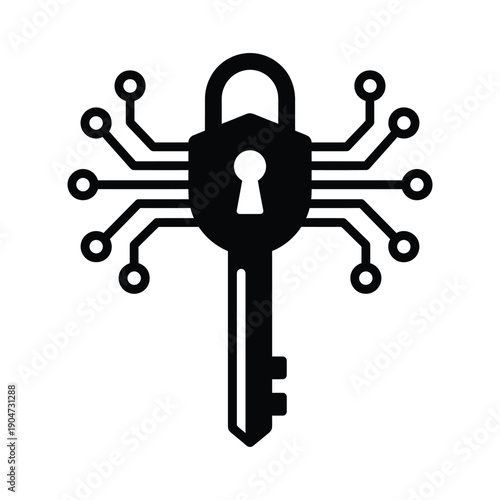 Digital security concept a black padlock and key with circuit lines