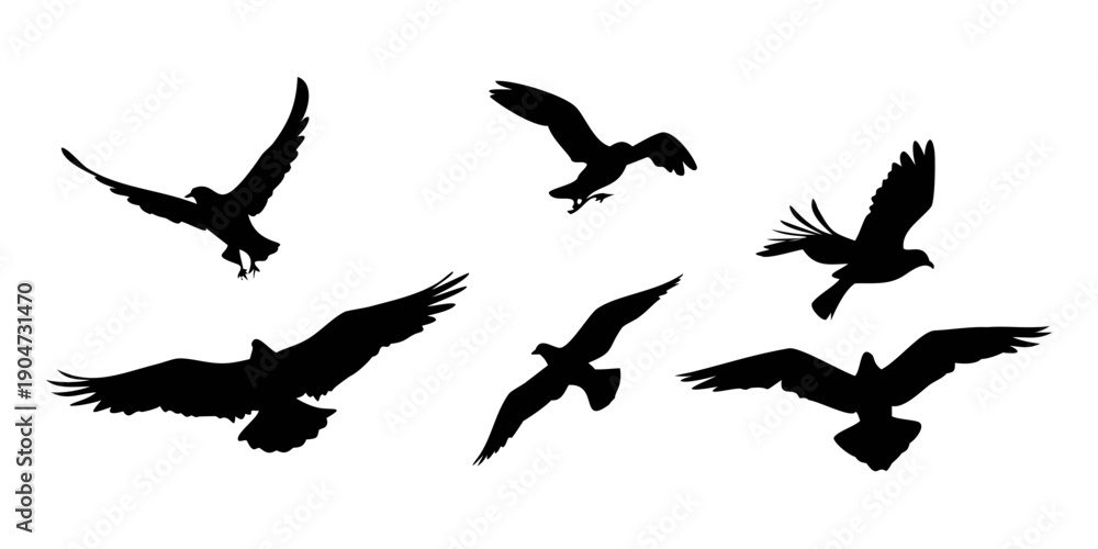 Fototapeta premium A group of seven black birds flying in a clear sky with no background Vector