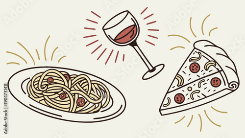 Hand drawn food icons depicting a plate of spaghetti with olives and a glass of red wine and a pizza slice with radiating motion lines.