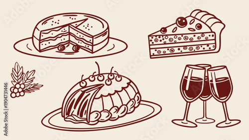 Vintage hand drawn illustrations of delicious cakes and glasses of red wine for a party.
