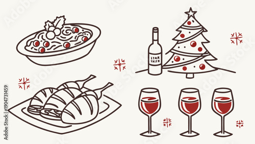 Hand drawn illustrations of a festive christmas dinner with roasted turkey pasta and wine