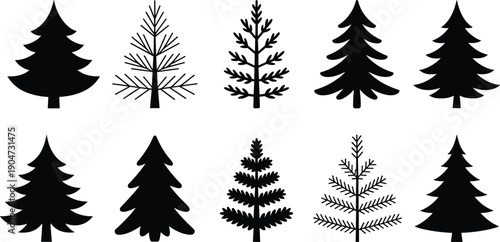 Minimal evergreen pine tree silhouettes and line art icons set isolated on white background, woodland conifer forest elements, nature symbols, winter graphic design collection