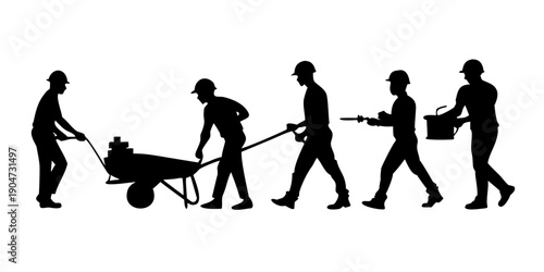 Silhouettes of people working with tools and equipment in a line Vector
