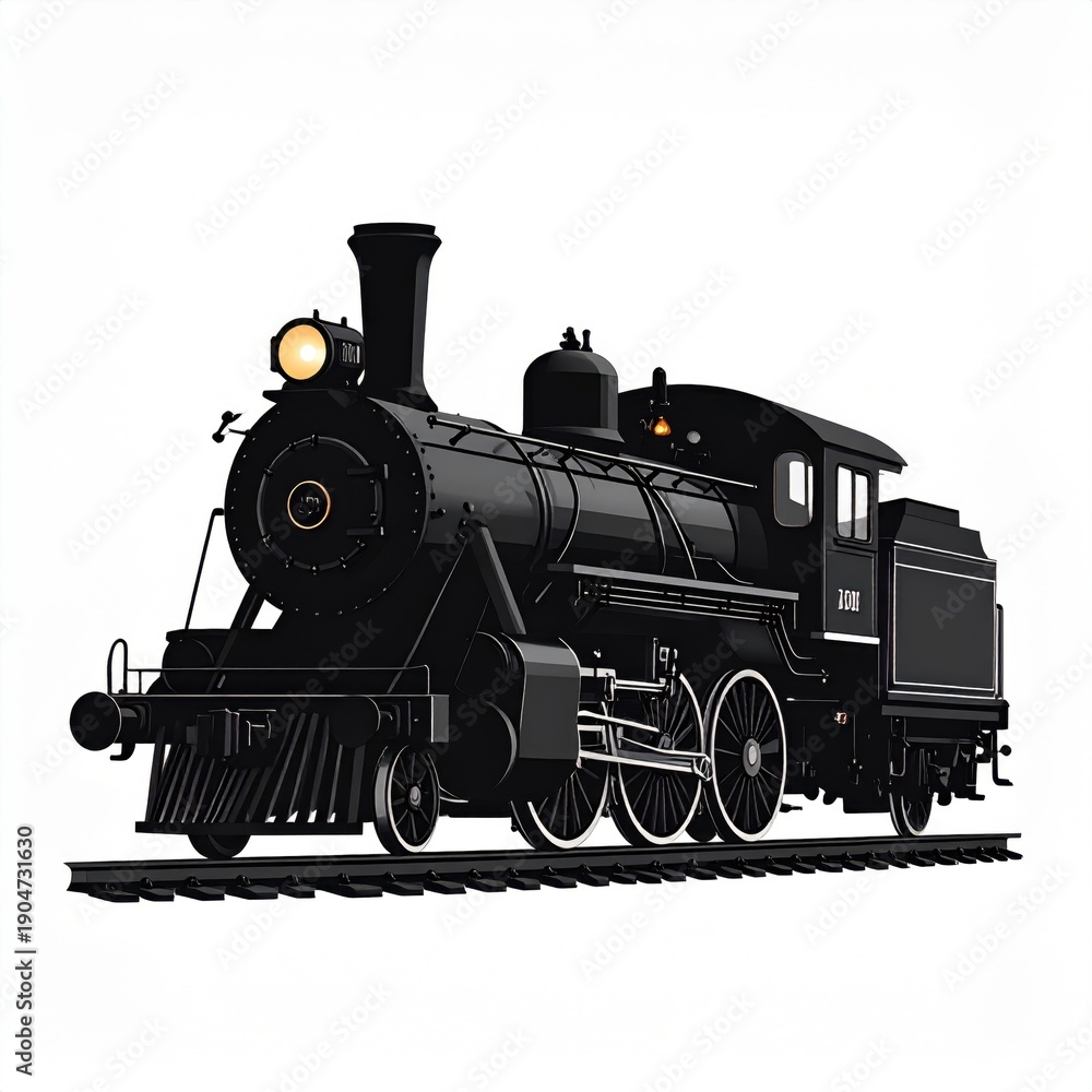 Fototapeta premium Vintage Black Steam Locomotive on Rails in Daylight with Warm Headlight Glow