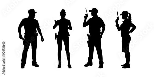 Silhouettes of police officers in various poses and uniforms Vector