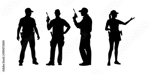 Four police officers standing in a line, each holding different items. Vector