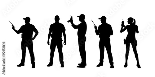 Silhouettes of people holding various objects against a white background. Vector