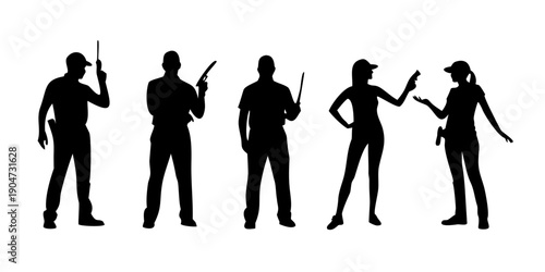 Diverse group of people holding various objects in silhouette form Vector