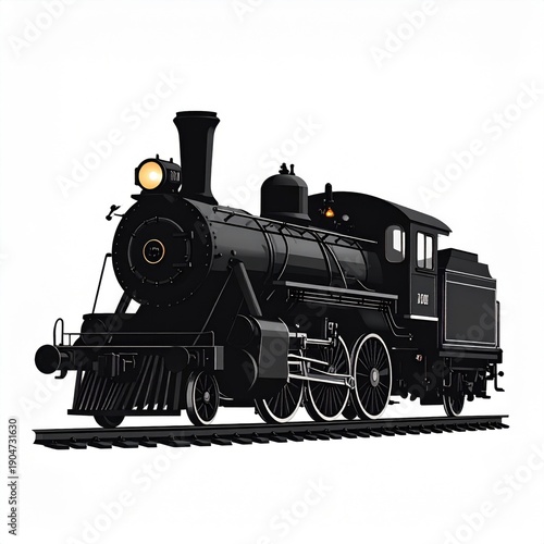 Vintage Black Steam Locomotive on Rails in Daylight with Warm Headlight Glow