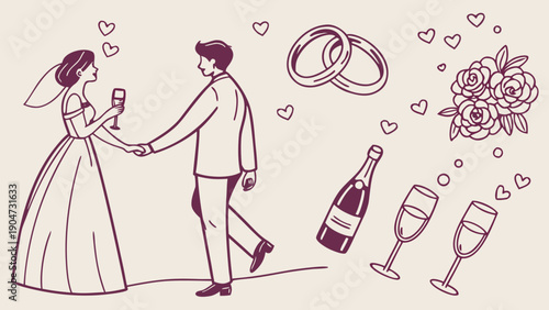 Elegant hand-drawn wedding illustration featuring a bride and groom with romantic symbols and champagne
