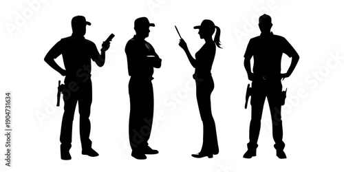 Four diverse police officers standing in a row with different poses and equipment. Vector