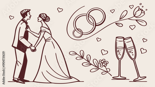 A hand drawn brown ink sketch of a bride and groom standing together surrounded by three rings champagne flutes and floral branches.