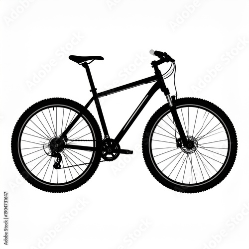 Black Mountain Bicycle with Knobby Tires and Suspension Fork on a White Background