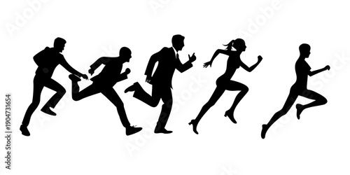 Group of people running together in a line against a white background Vector