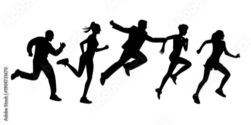 Group of people running together in silhouette against a white background Vector