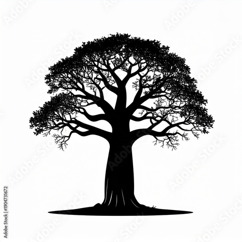 Iconic Silhouette of a Large Deciduous Tree with Intricate Branches Against a White Background Symbolic of Nature and Growth