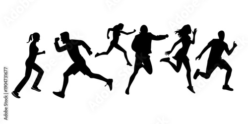 Group of people running together in a line, silhouetted against a white background Vector
